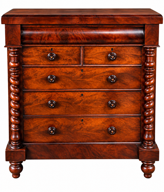 19th-century mahogany chest of drawers with barley-twist columns.