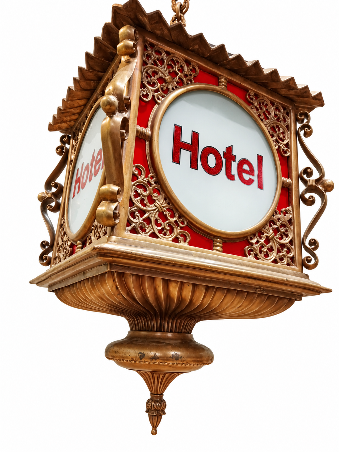 Solid Bronze Four-Sided Hotel Lantern with Ornate Filigree Detail