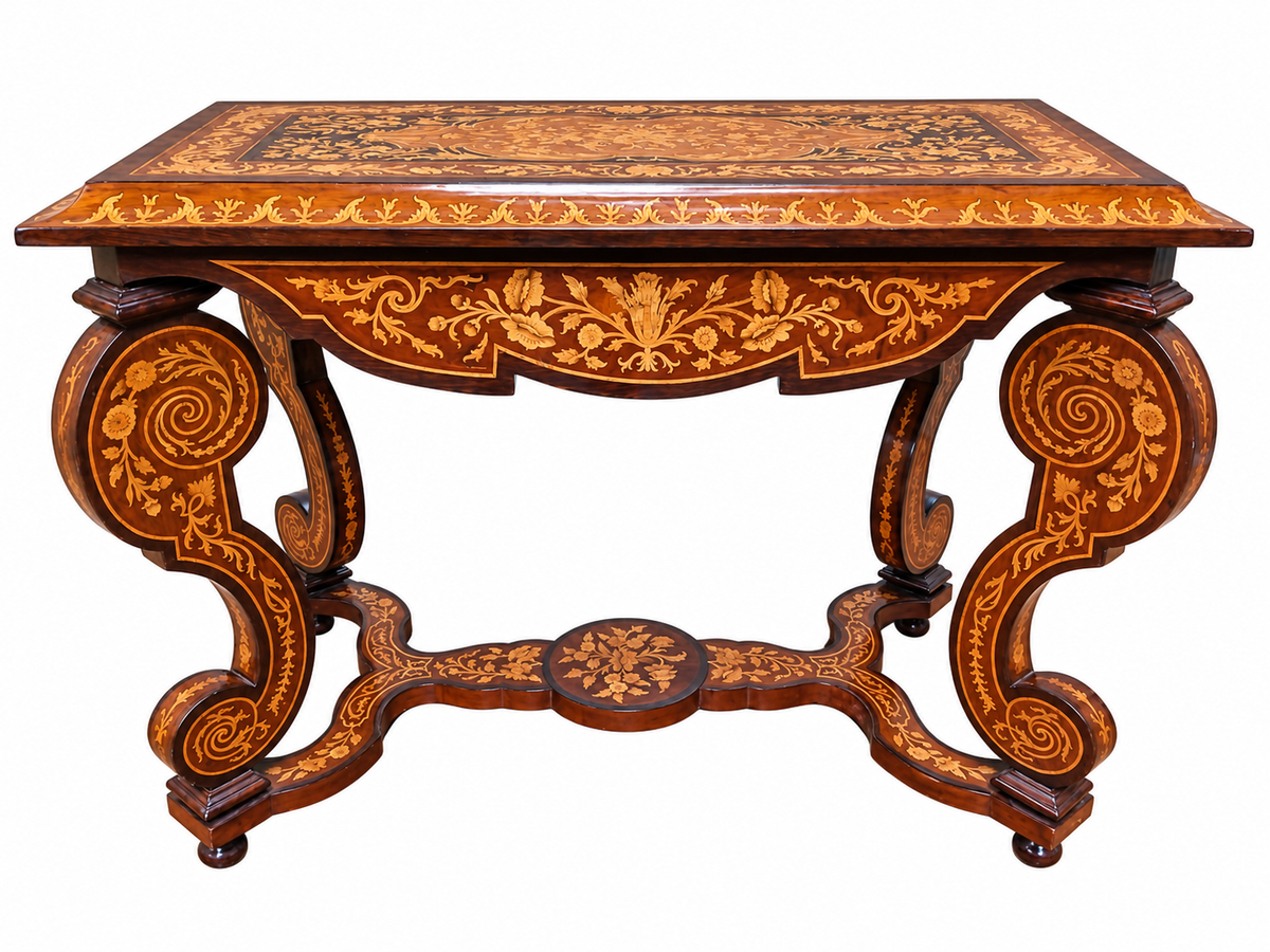French-Style Floral Marquetry Centre Table with Scroll Legs