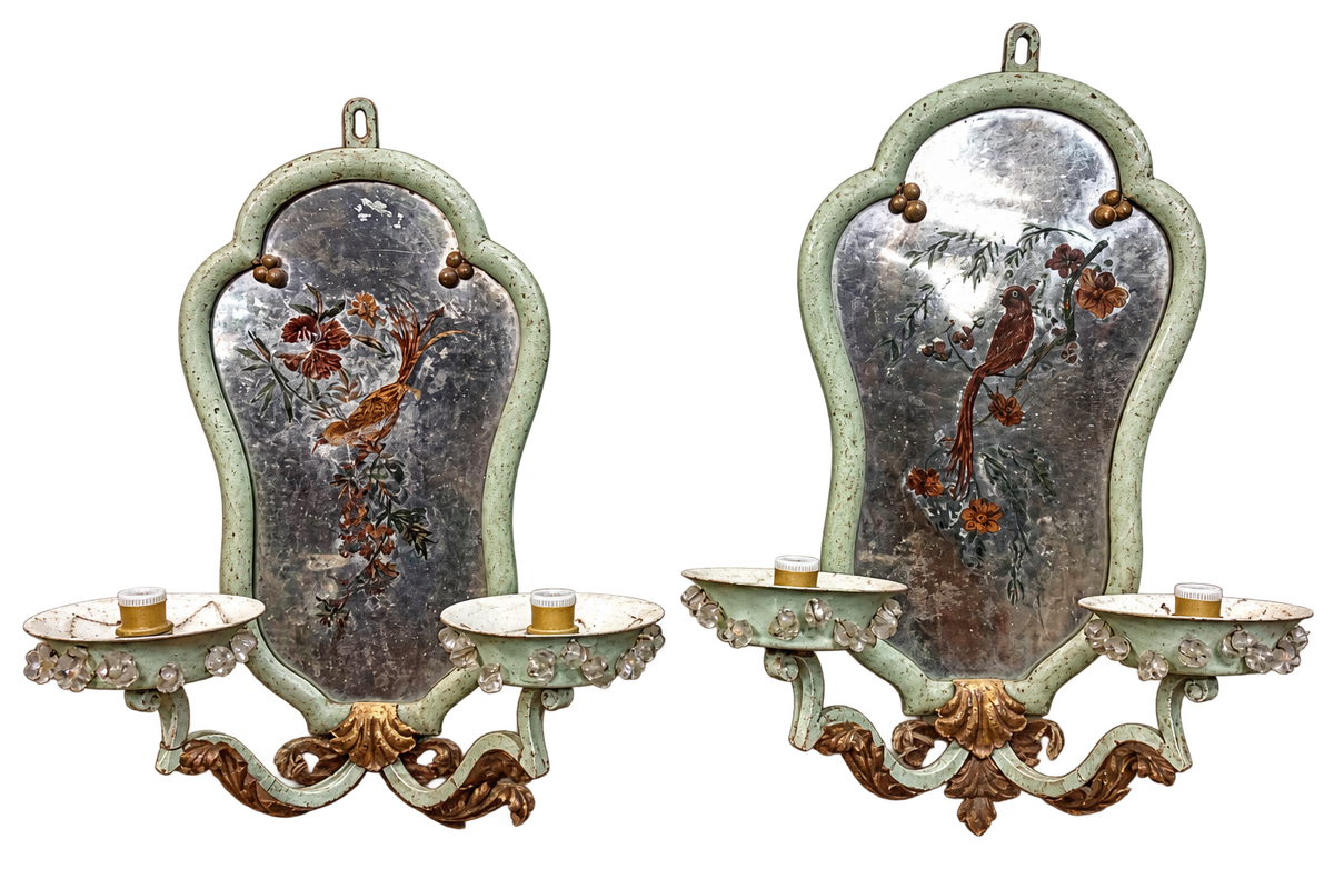 Pair of 19th Century Continental Green-Painted & Gilt Brass Girandole Mirrors