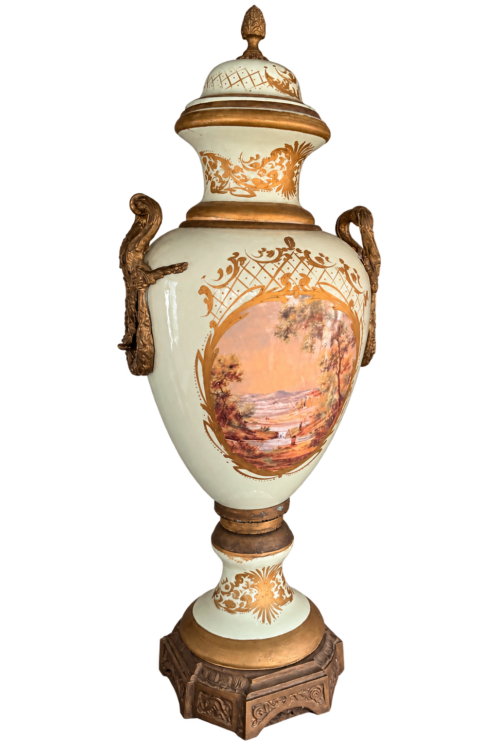 Pair of Large Sèvres-Style Porcelain Urns with Covers & Gilt Mounts