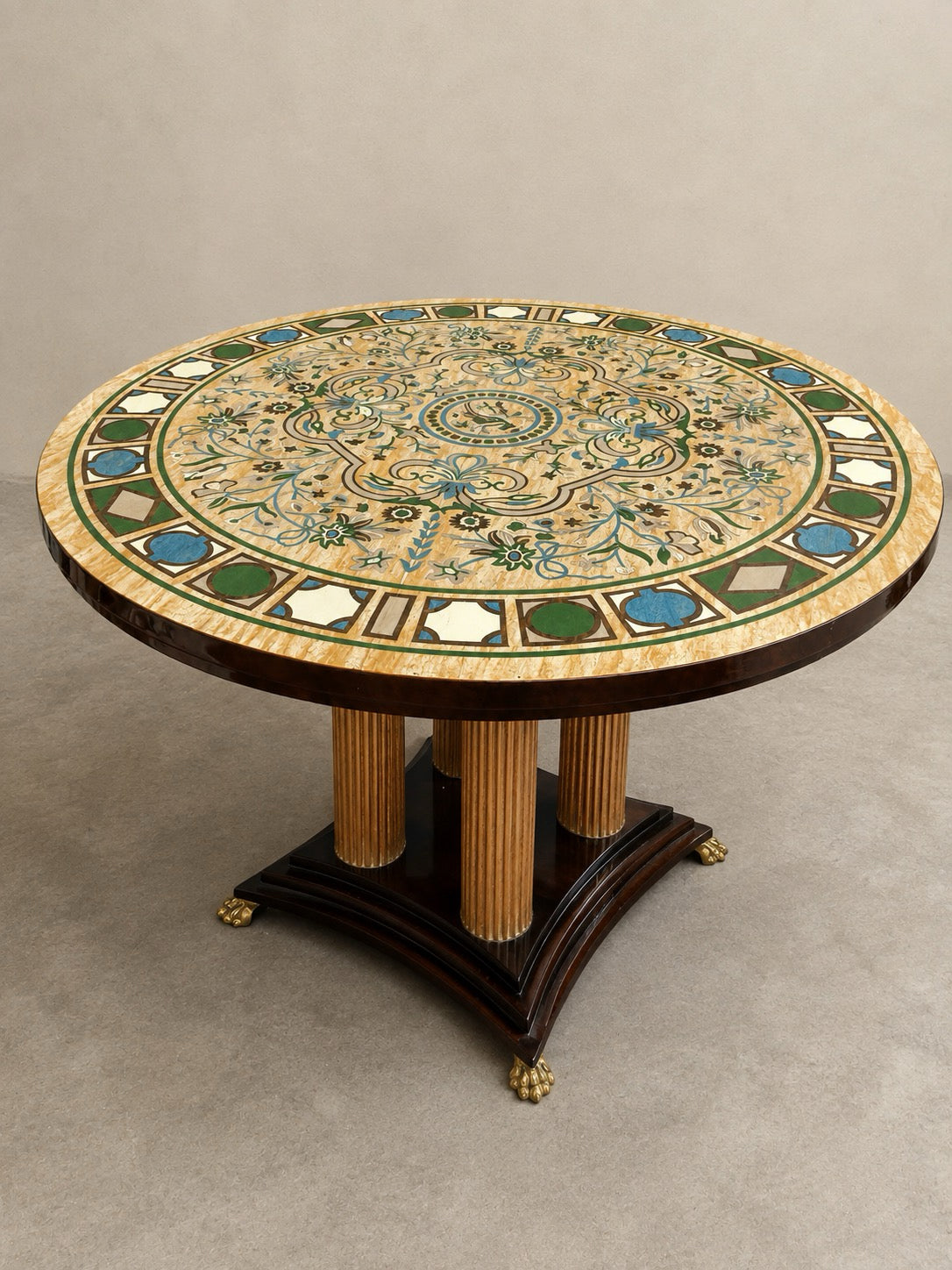 Circular Specimen Centre Table with Fluted Column Base & Brass Paw Feet