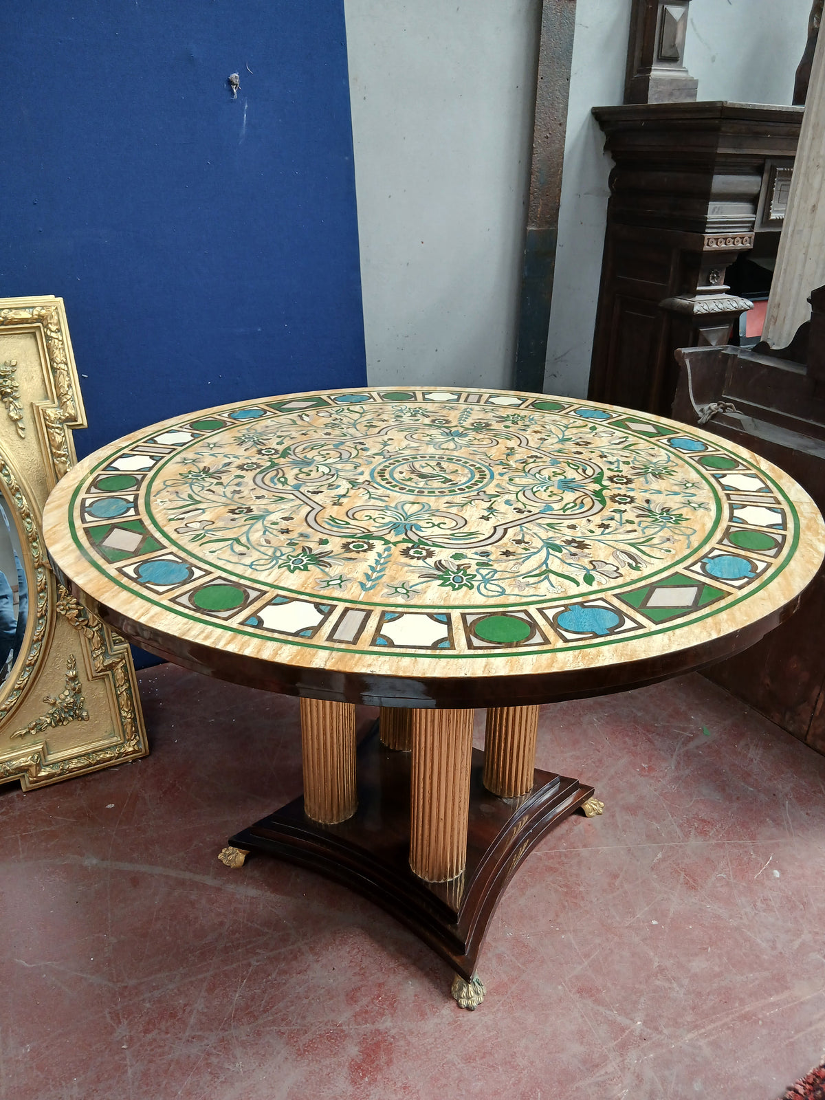 Circular Specimen Centre Table with Fluted Column Base & Brass Paw Feet