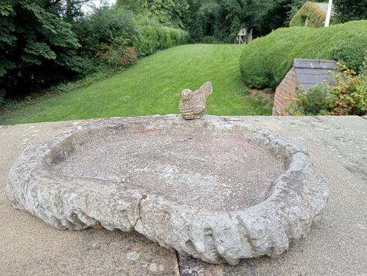 Composition stone bird table with songbird