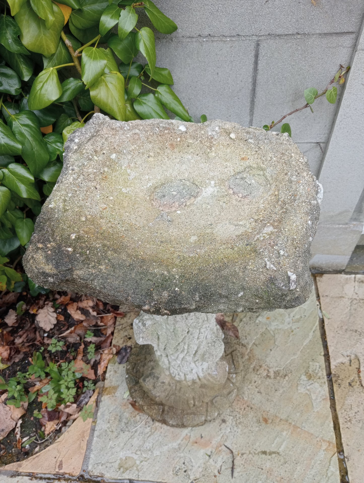 Compostition stone bird bath tree trunk square top