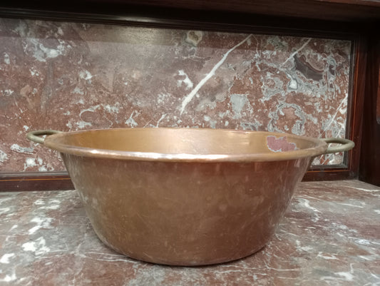 Copper and brass preserve pan 19th C with riveted brass handles