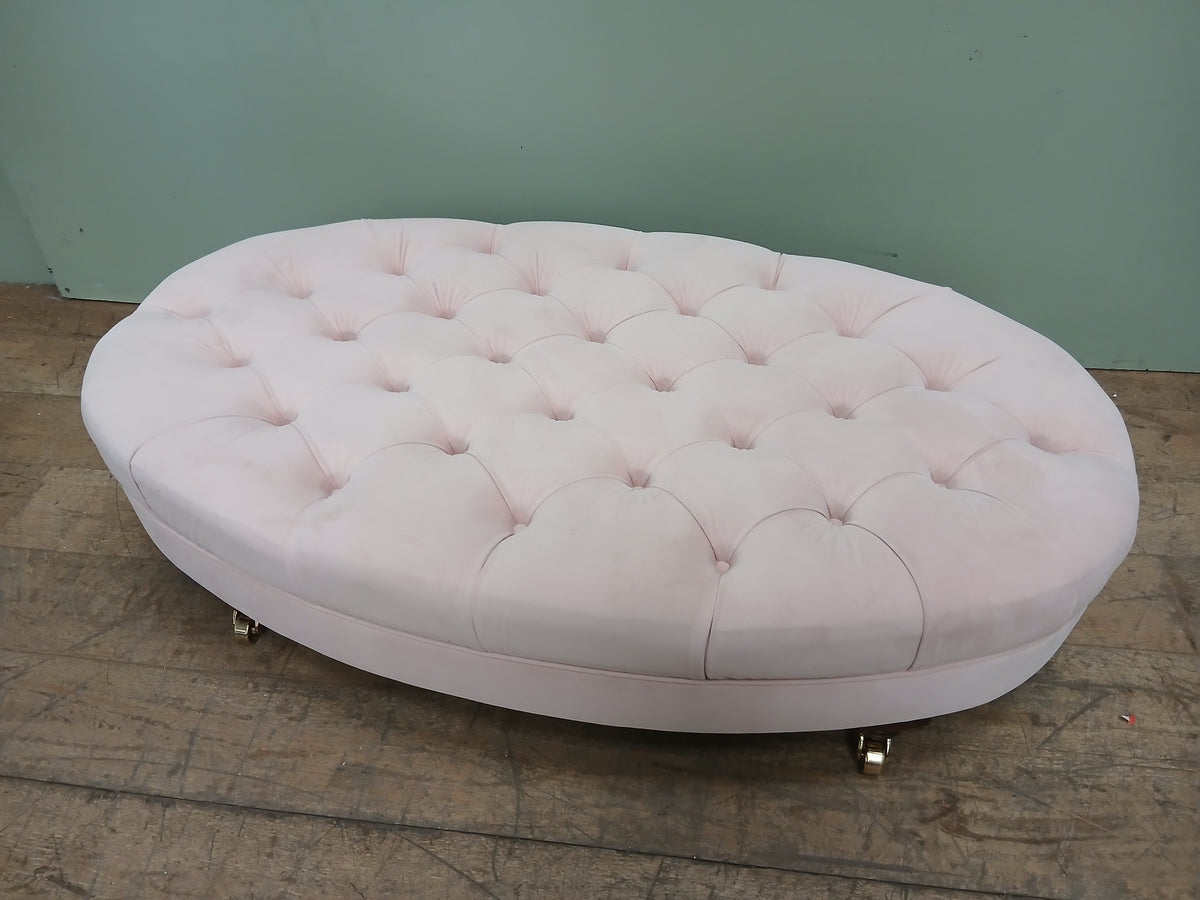 Deep-Buttoned Chesterfield-Style Oval Ottoman / Footstool on Brass Castors