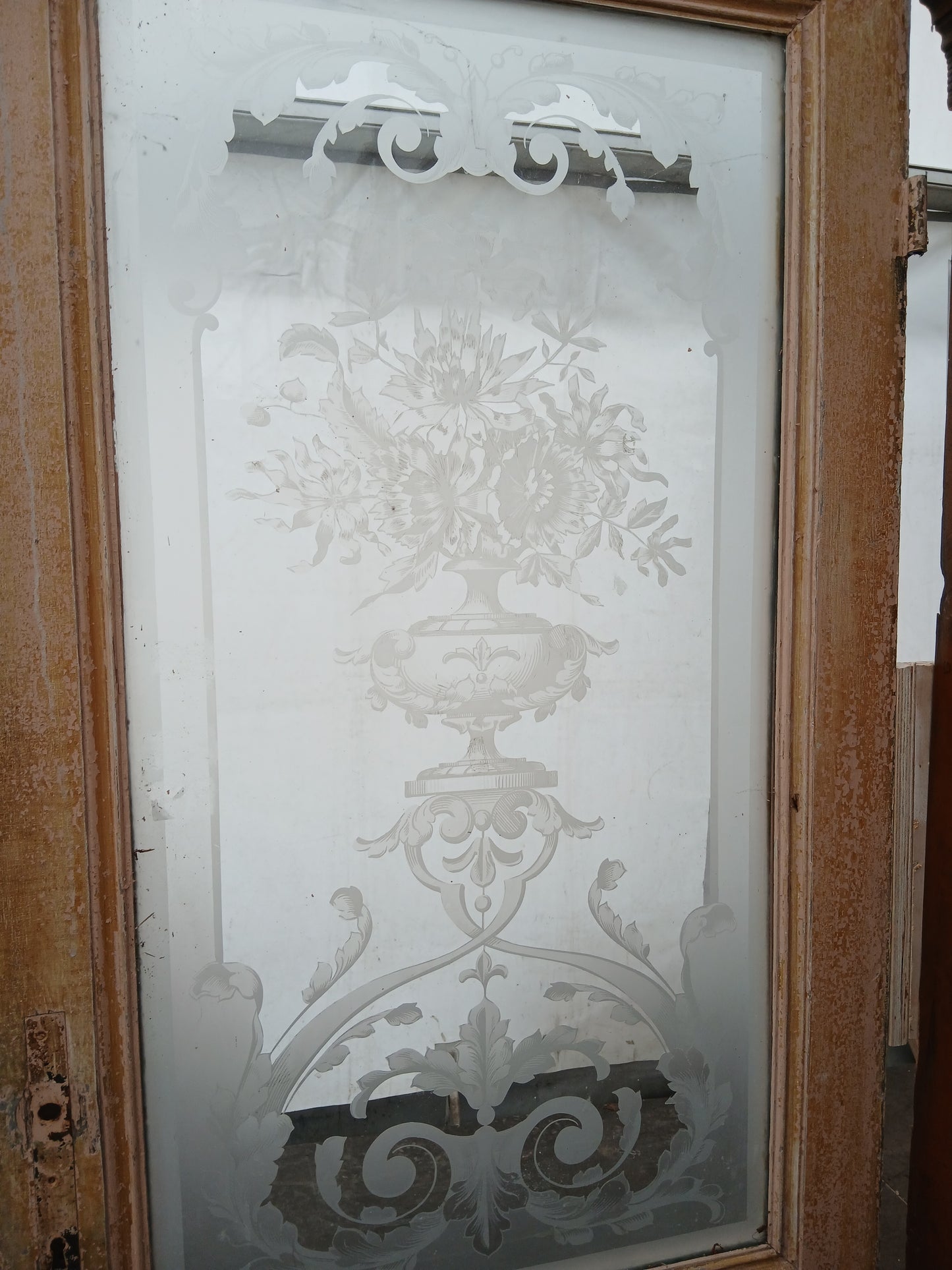 Etched glass door cream patina