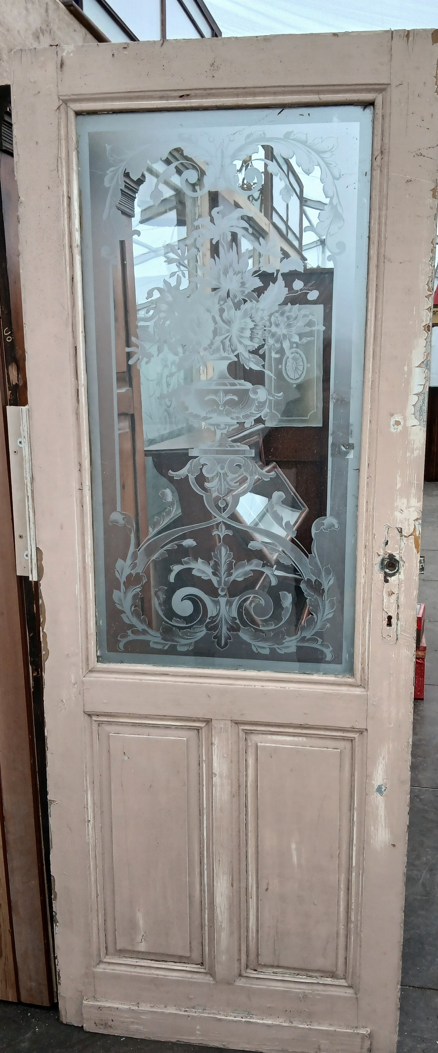 Etched glass door cream patina