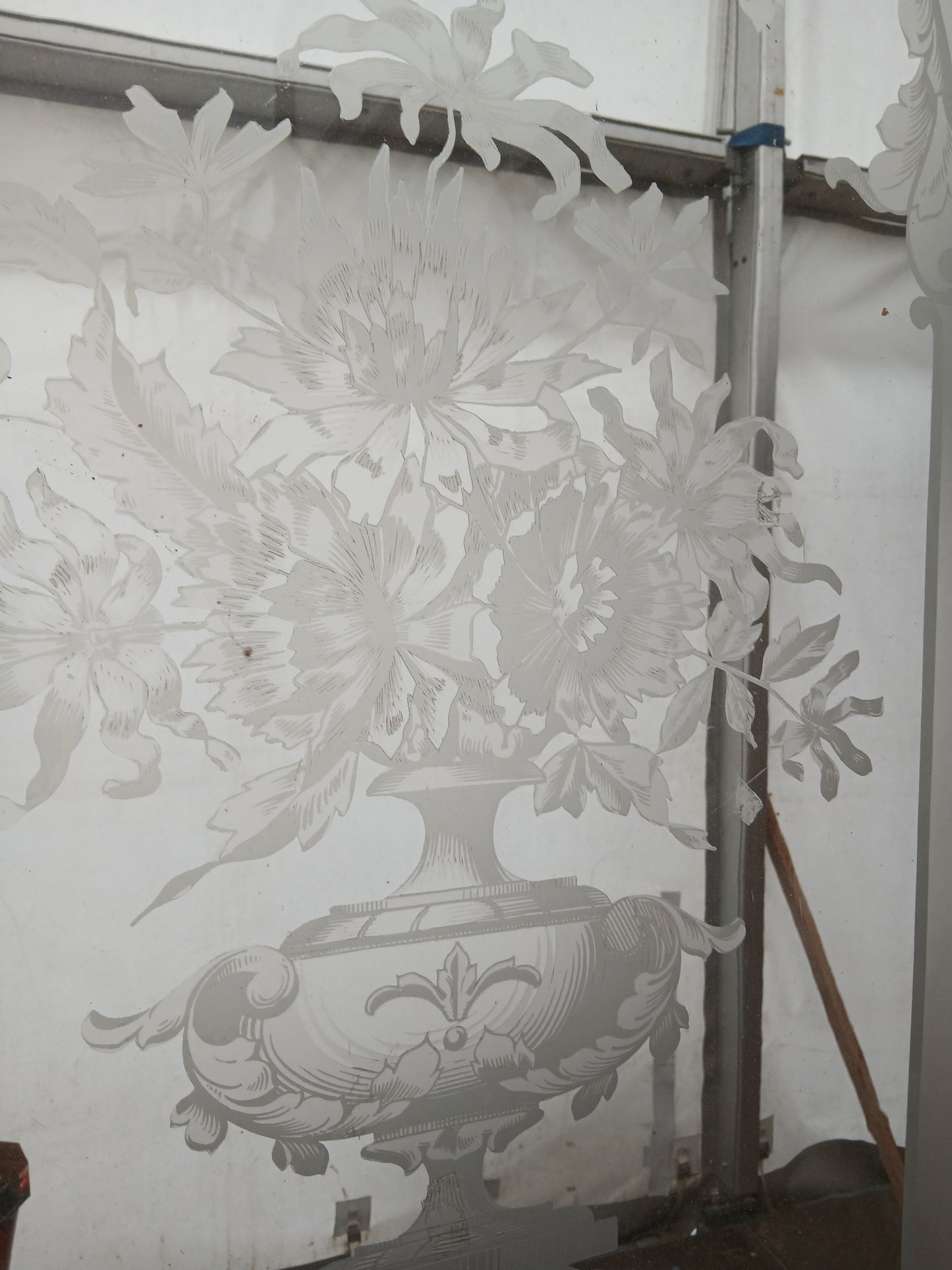 Etched glass door cream patina