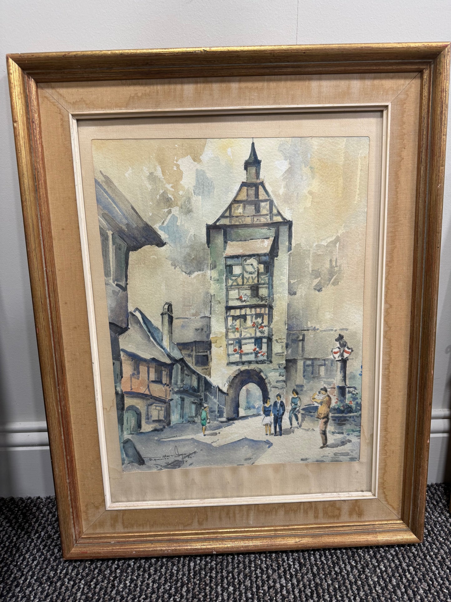 Framed watercolour of town square