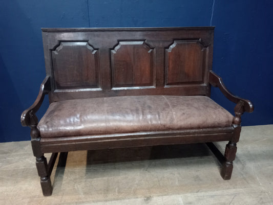 Georgian oak settle bench with antique leather seat