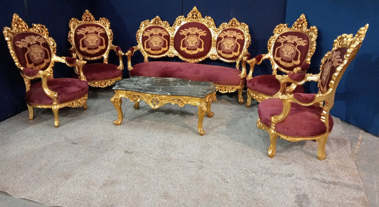 Giltwood 5 piece suite compromising of 1 sofa, 4 chairs and a gilt table with marble top