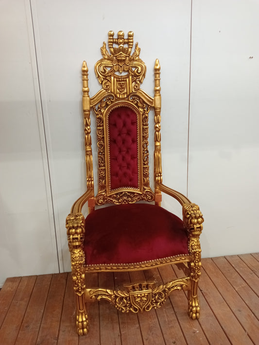 Giltwood lions head throne chair red velvet fabric deep button