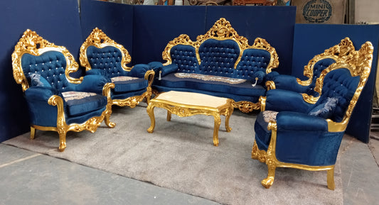 Giltwood suite blue velvet deep button sofa 4 chairs, giltwood table with marble top