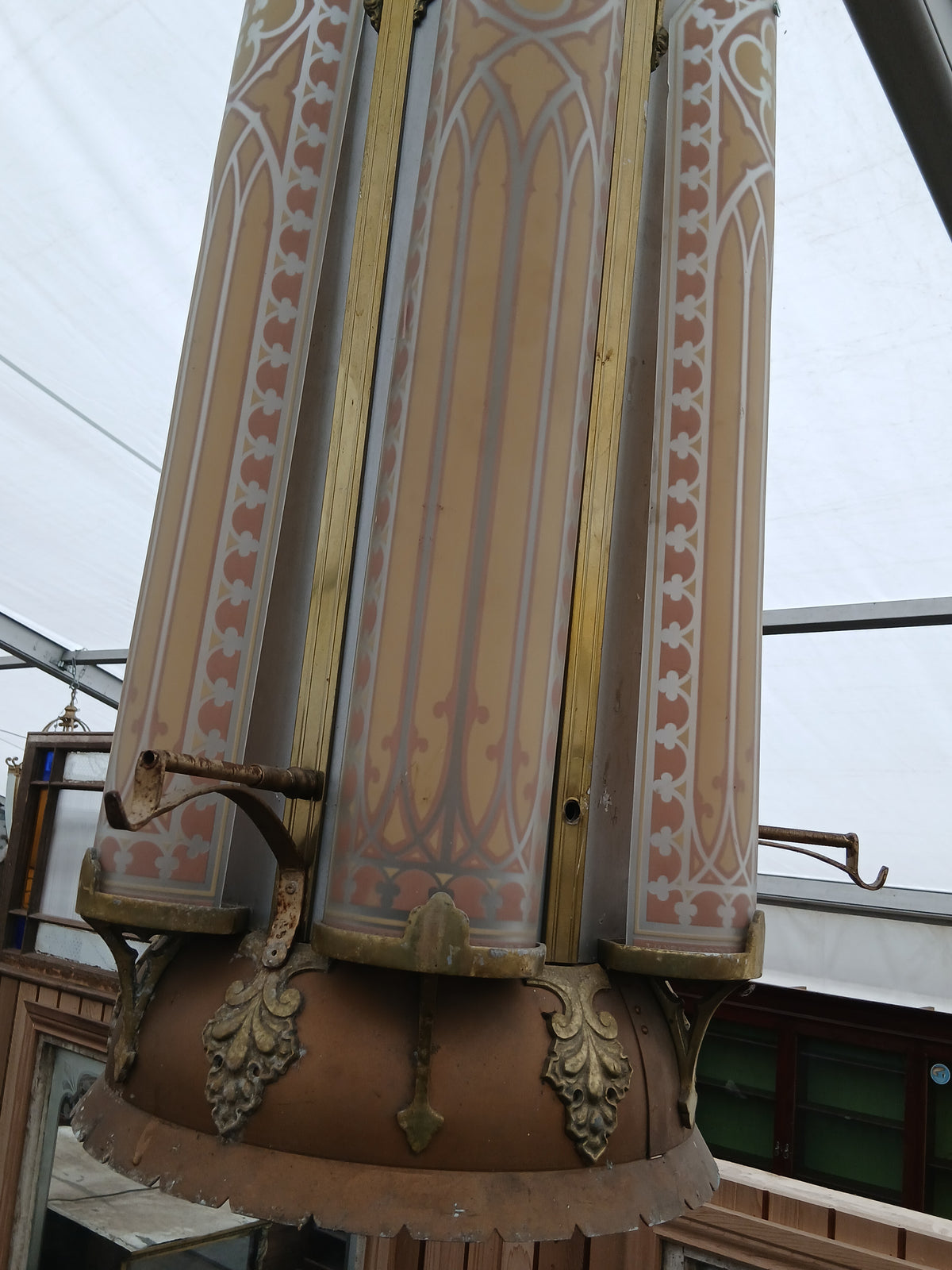 Gothic Revival Hanging Lantern with Bronze & Brass Fittings and Decorative Glass Panels