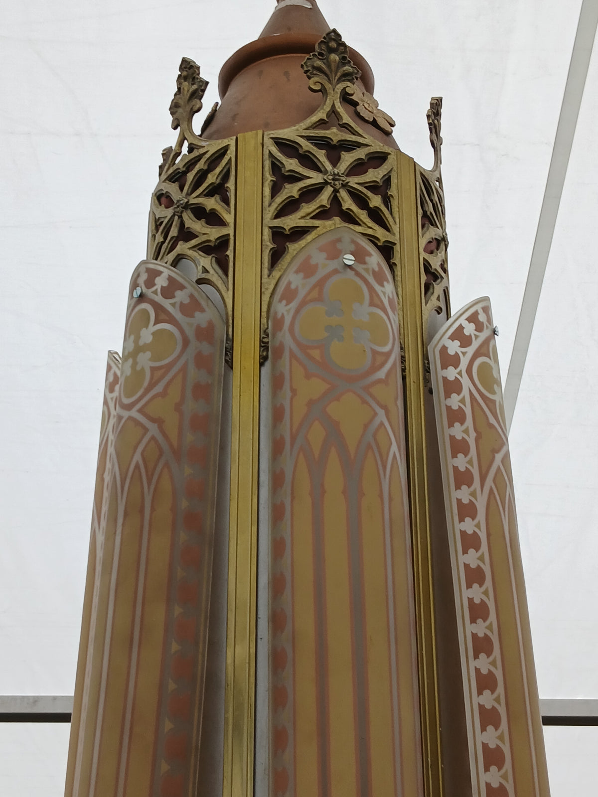 Gothic Revival Hanging Lantern with Bronze & Brass Fittings and Decorative Glass Panels