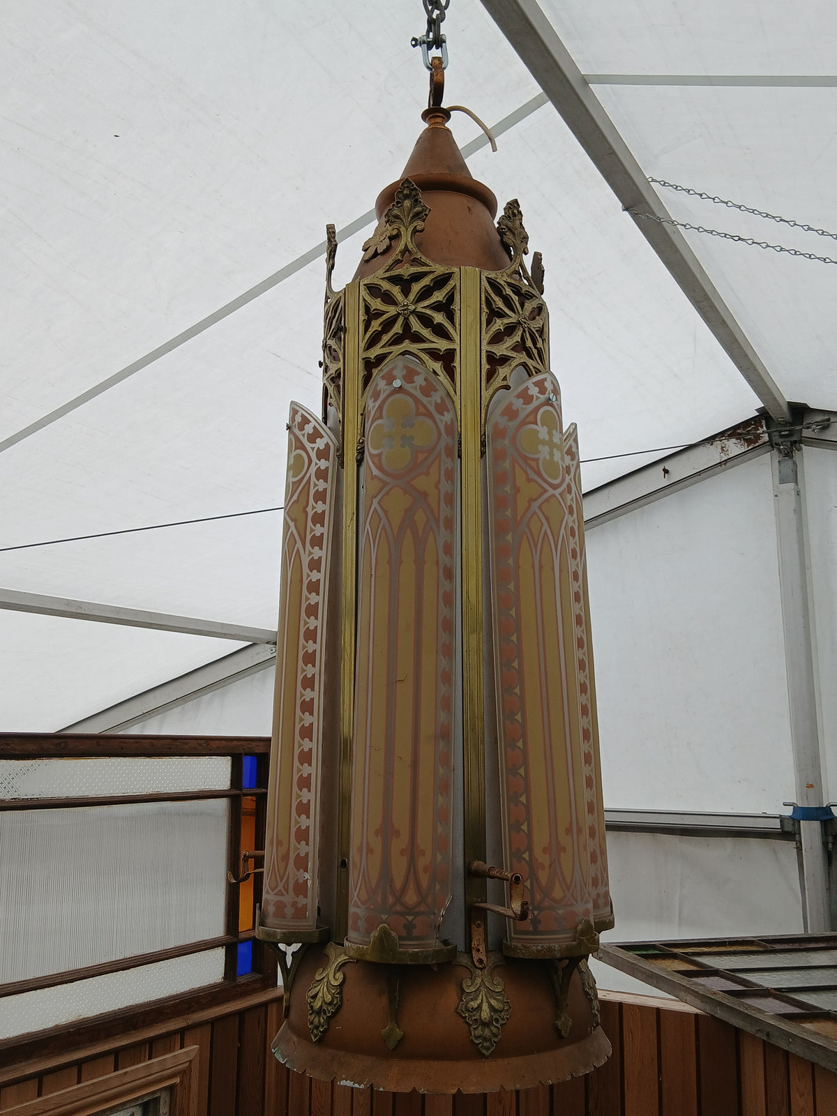 Gothic Revival Hanging Lantern with Bronze & Brass Fittings and Decorative Glass Panels