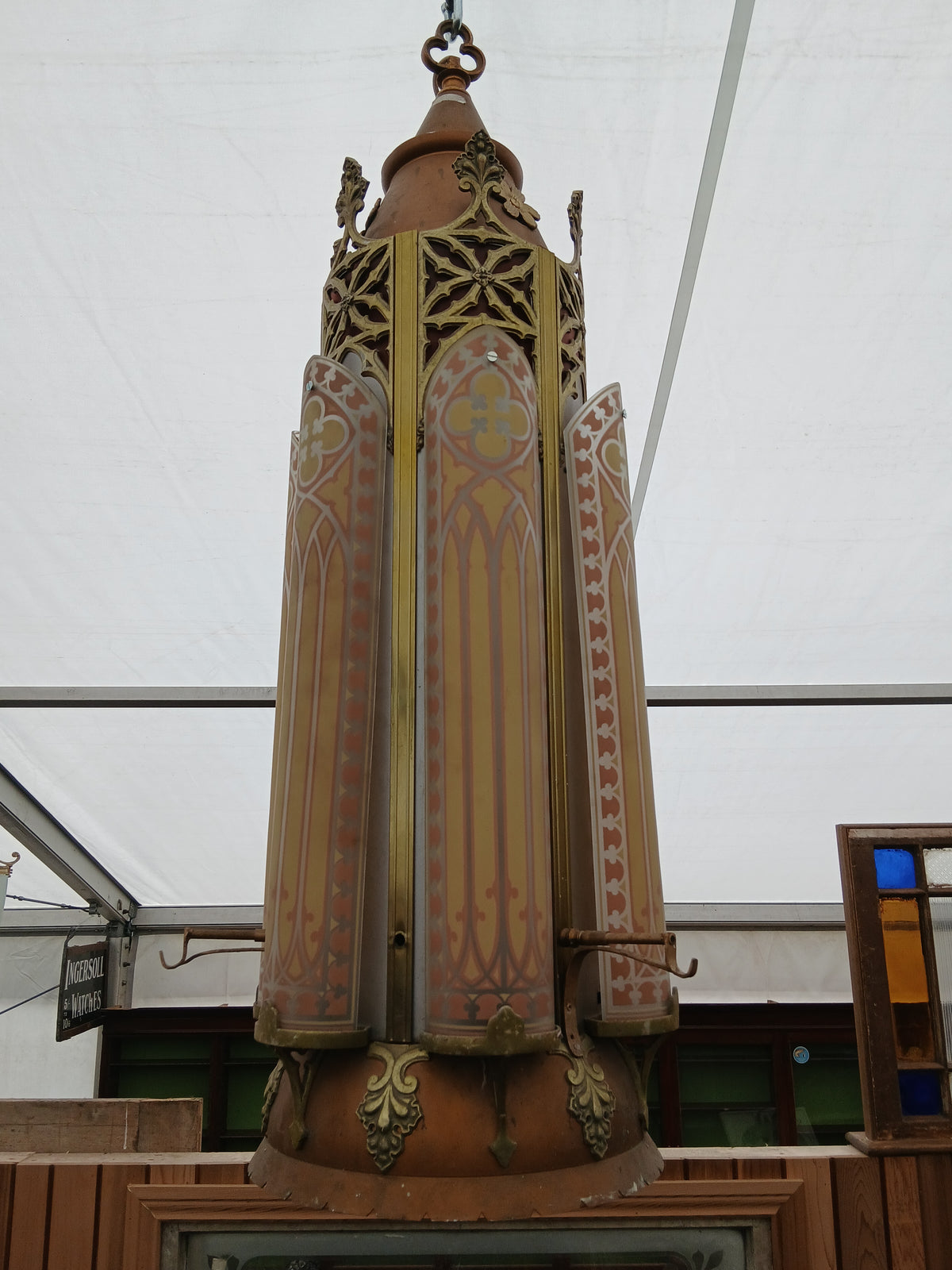 Gothic Revival Hanging Lantern with Bronze & Brass Fittings and Decorative Glass Panels