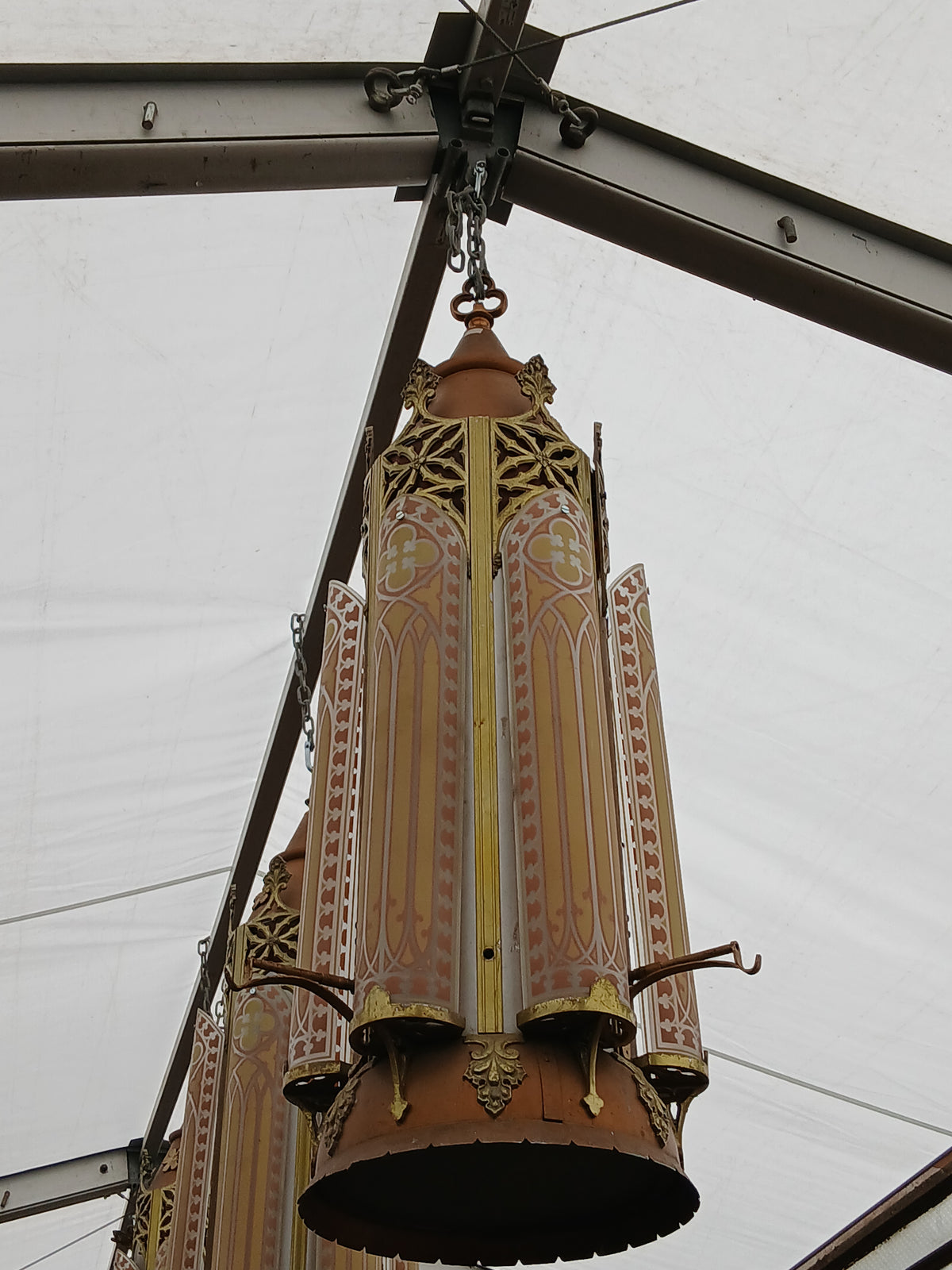 Gothic Revival Hanging Lantern with Bronze & Brass Fittings and Decorative Glass Panels