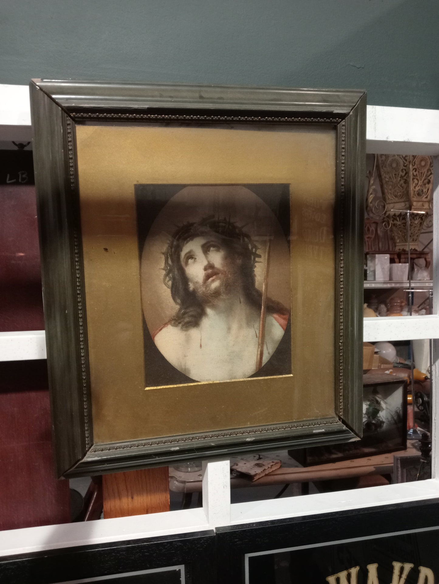 jesus with crown of thorns oak frame