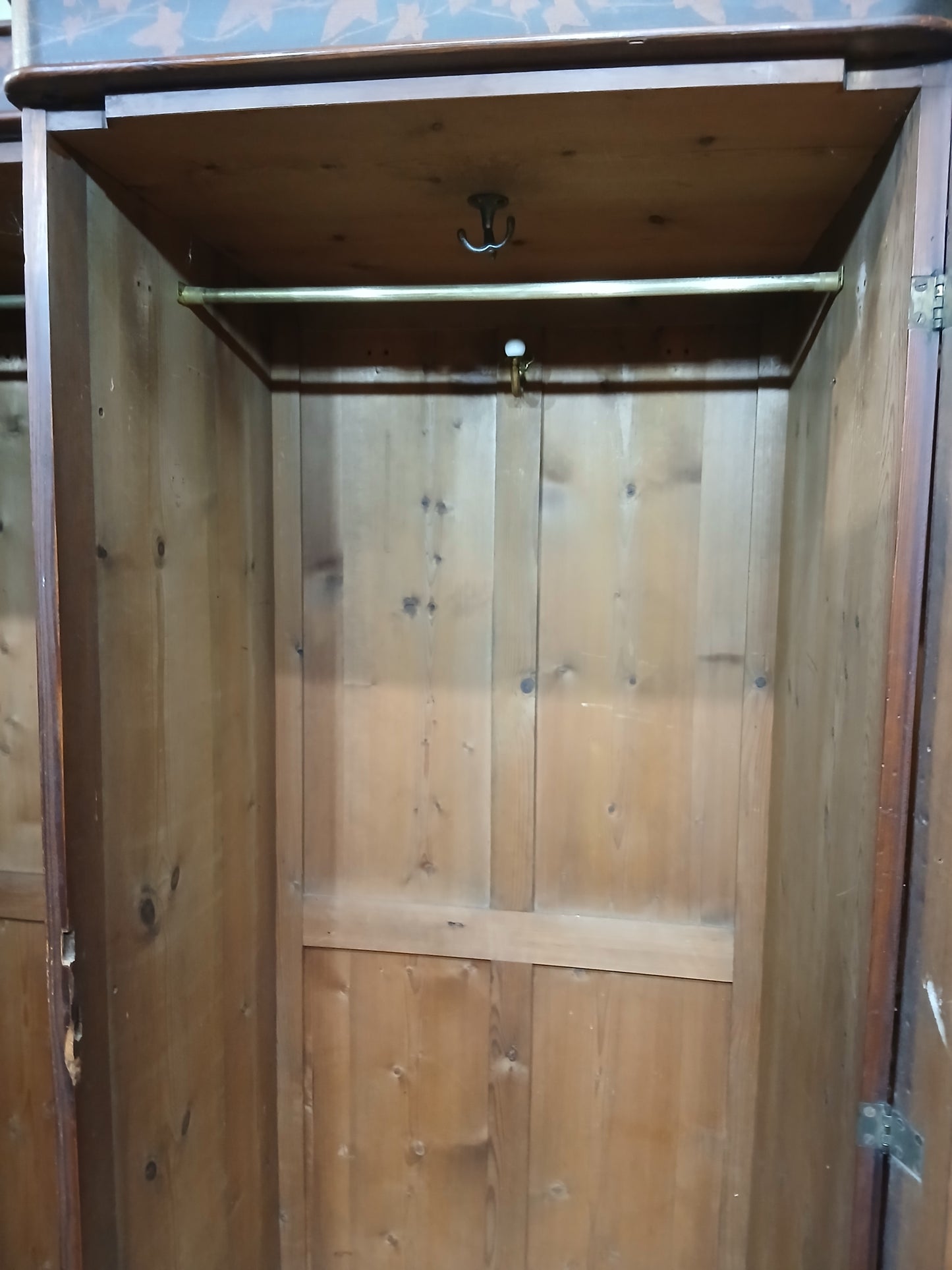 Irish George III style triple fern ware wardrobe with 2 doors to each side internal brass clothes rail central pane; with dome topped mirror, drawer to base