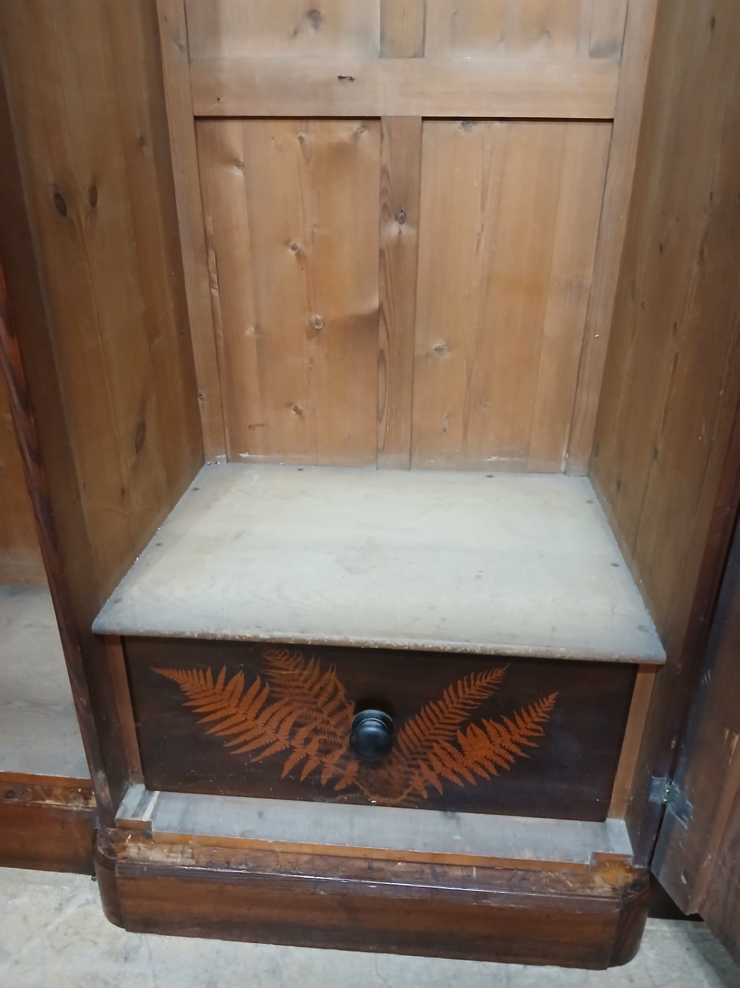 Irish George III style triple fern ware wardrobe with 2 doors to each side internal brass clothes rail central pane; with dome topped mirror, drawer to base