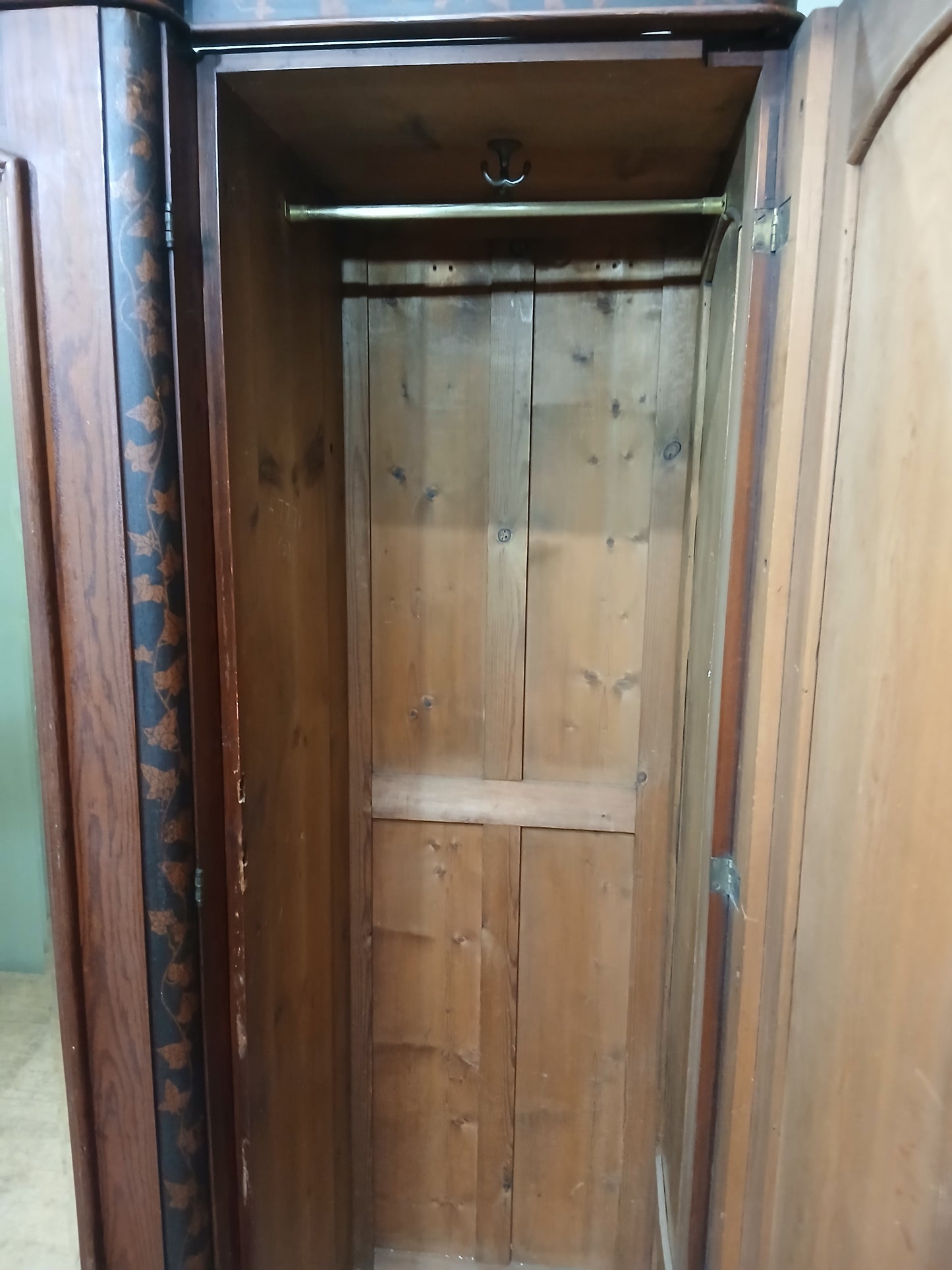 Irish George III style triple fern ware wardrobe with 2 doors to each side internal brass clothes rail central pane; with dome topped mirror, drawer to base