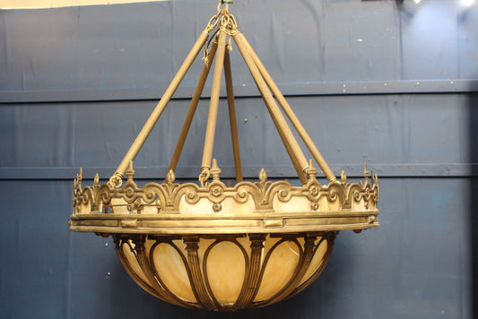 Large Bronze chandelier with dome base and opaque glass