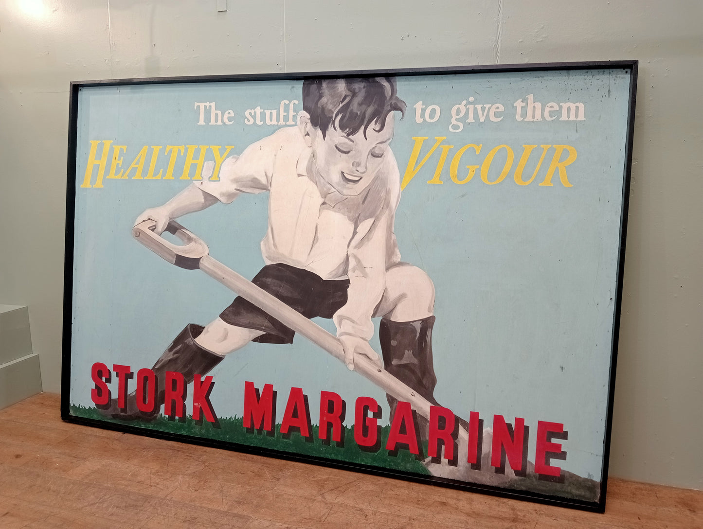 Large Vintage mid century advertising painting Stork Margarite- The stuff to give them healthy Vigour