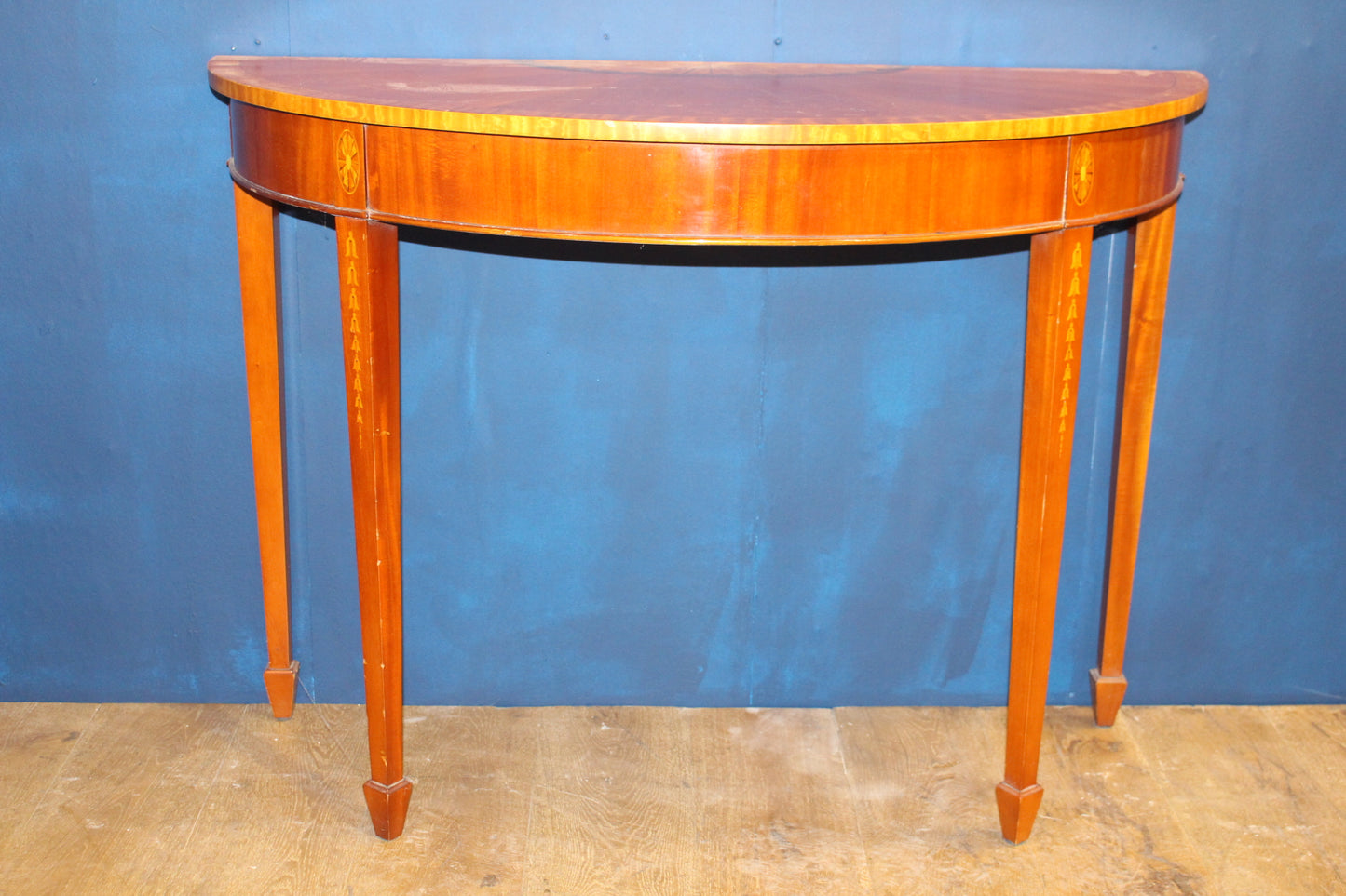 Large half round inlaid mahogany federal style console table