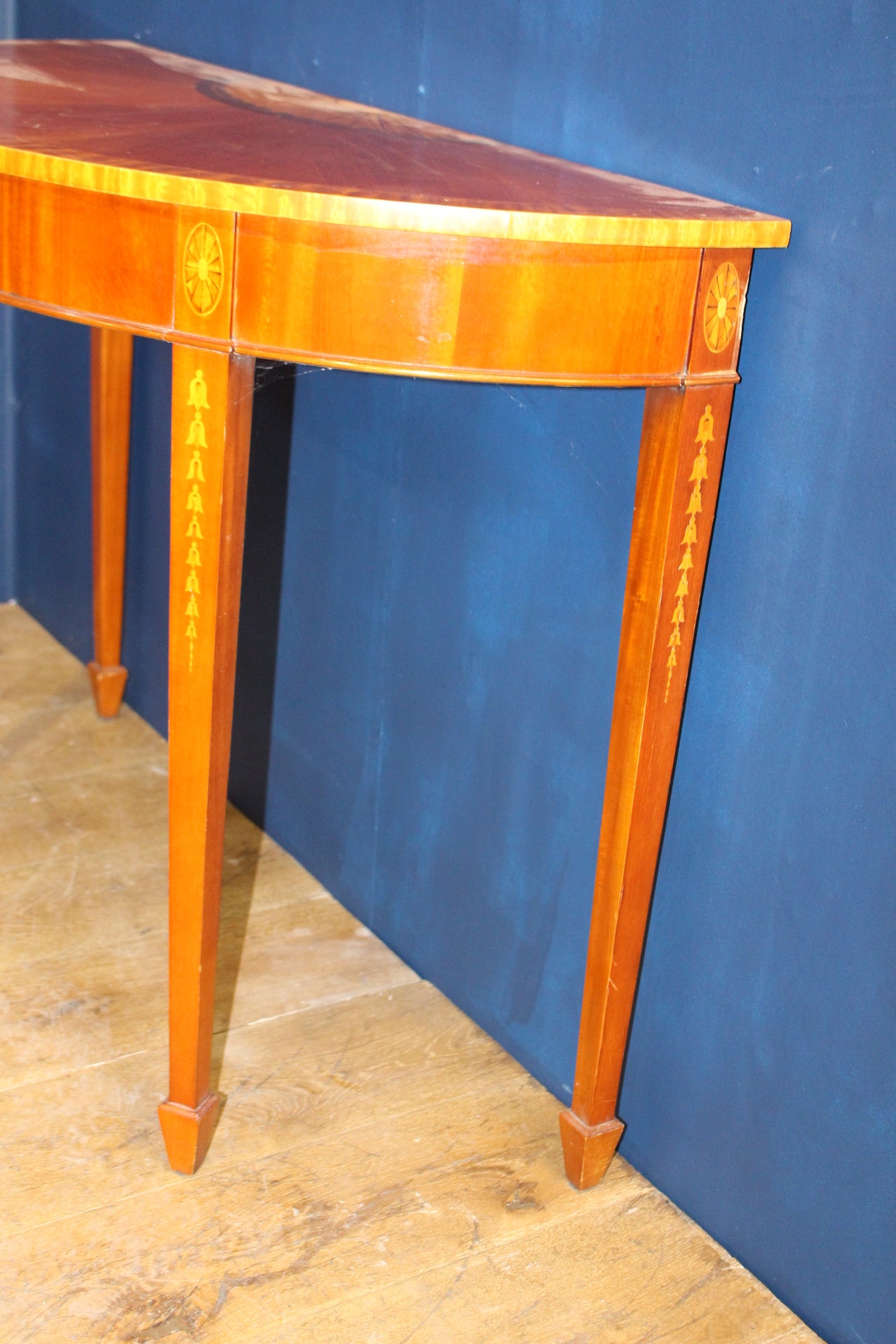 Large half round inlaid mahogany federal style console table