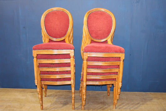 Lot of 10 upholstered  Round back Louie wooden stacking function chairs