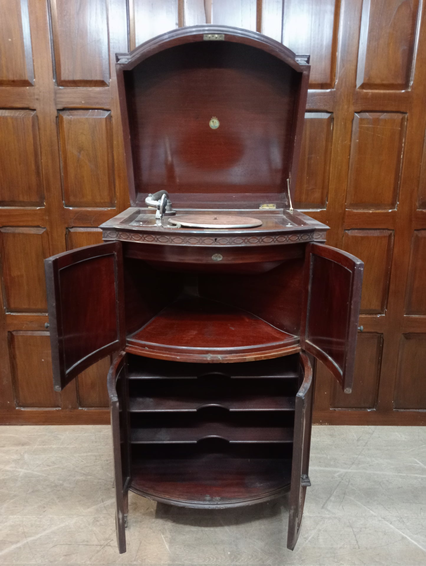 Mahogany gramophone cabinet on castors