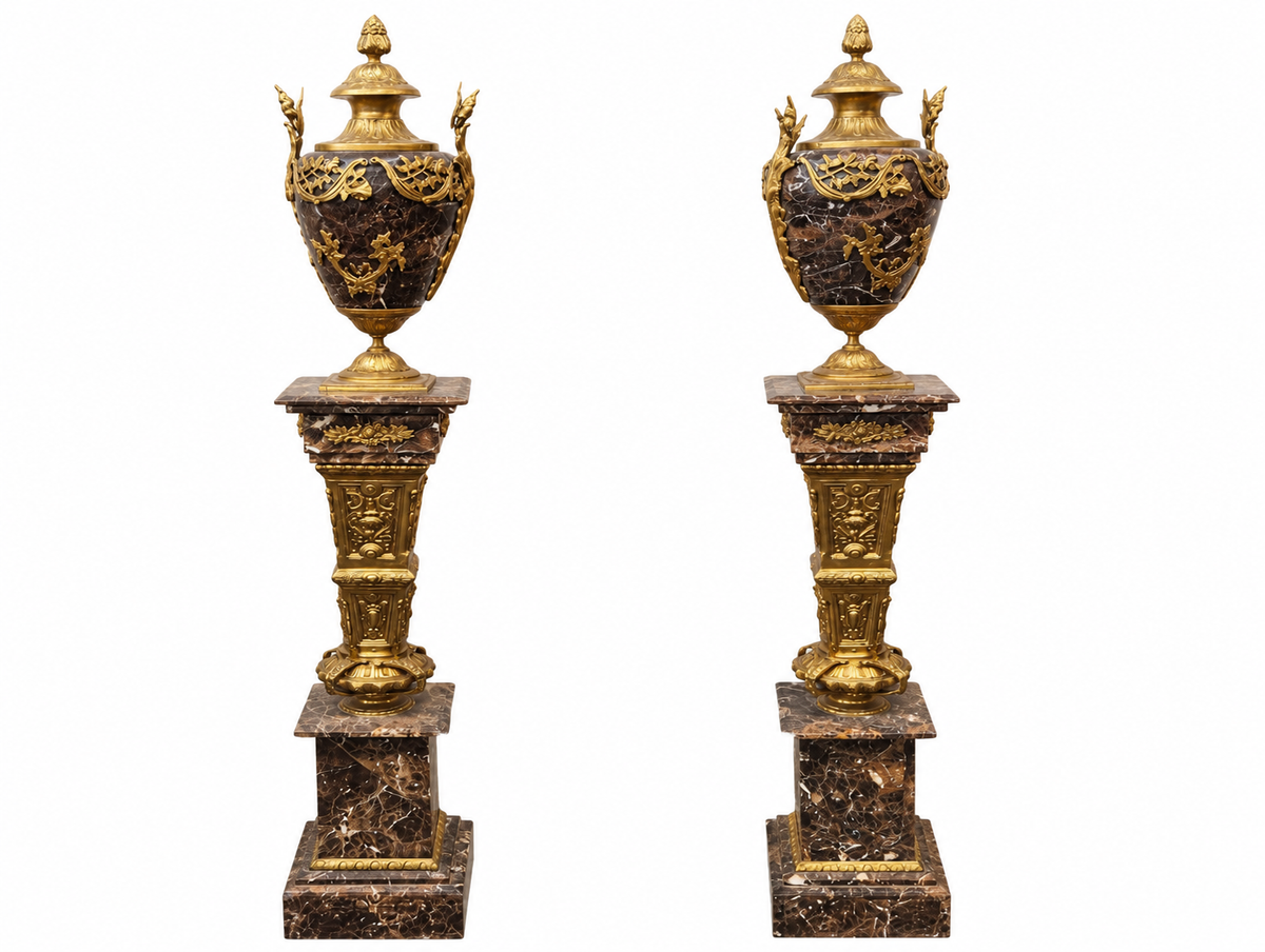 Pair of Baroque-Style Marble Urns on Matching Marble Pedestals
