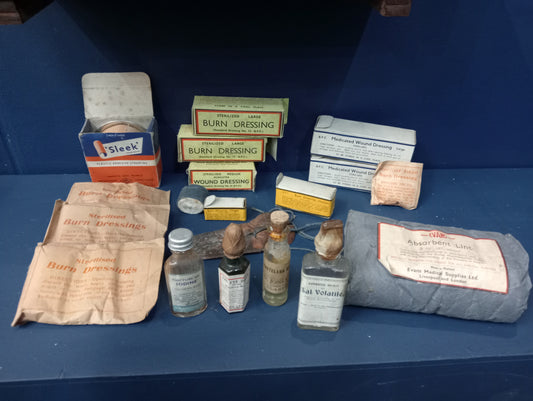 Medical lot of sterilised dressings and lotions burn dressing, adhesive strapping, wound dressing , iodine , eye drops, castorol oil and aromic spirit