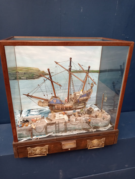 Model tall ship ( La Bona Esperenza) in glazed showcase and single drawer