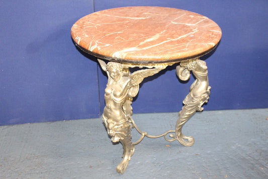 Nickle bronze three legged  table angels holding marble round top - top damaged