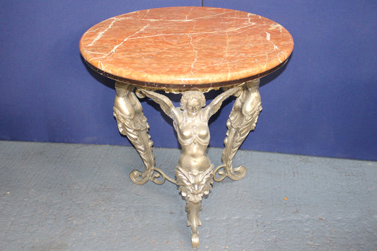 Nickle bronze three legged table angels holding marble round top