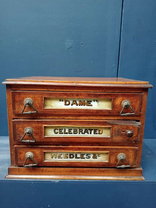 Oak Victorian veneered three drawer haberdashery table top needle box