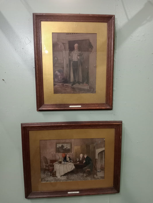 Oak framed Walter Dendy Sadler 1854-1923 coloured etchings 'His favorite bin' and 'Dummy whist'