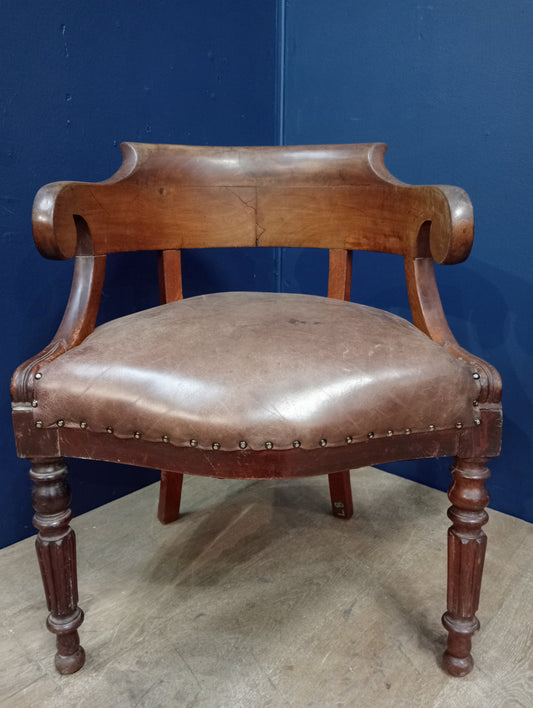 Oak captains chair antique leather seat