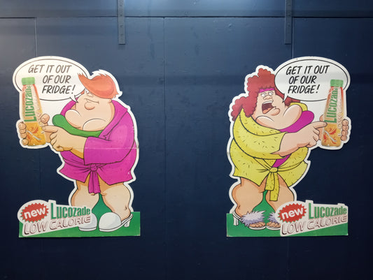 Pair of Lifesize original retro circa 1997 The fat slags for Lucozade calories drink  advertising cardboard sign depicting Sandra and Tracy