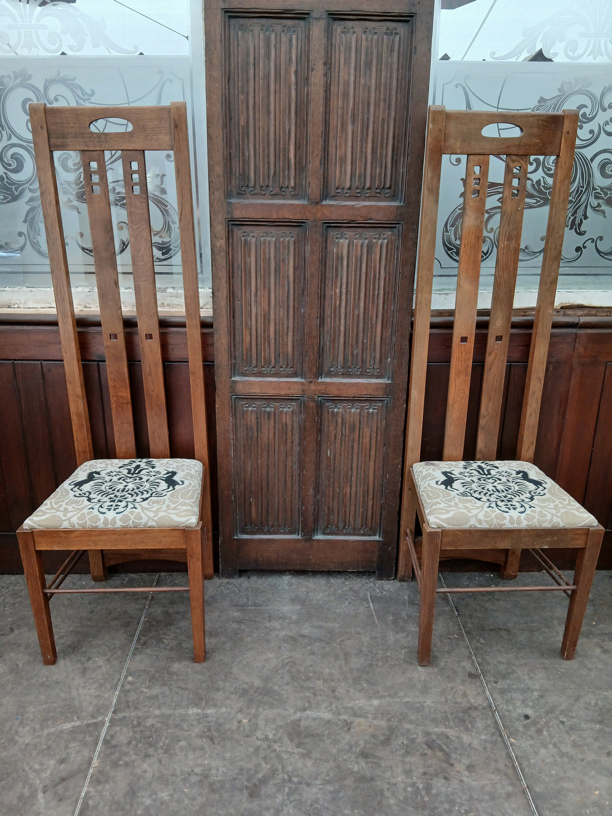 Pair of Mackintosh-Style High-Back Oak Chairs