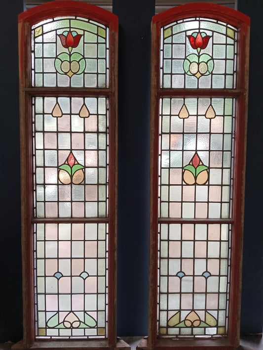 Pair of arched 19th C stain glass and leaded windows