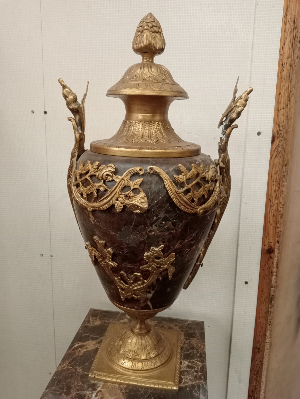 Pair of Baroque-Style Marble Urns on Matching Marble Pedestals