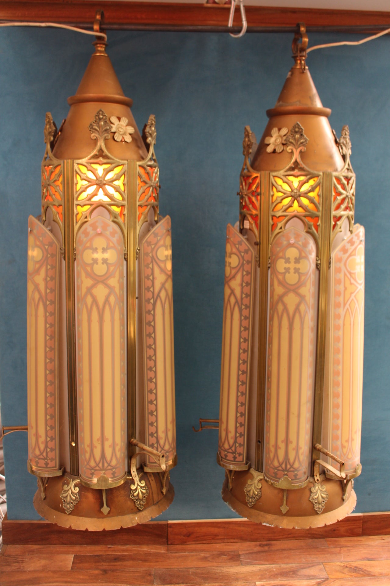 Pair of brass and glass hanging lanterns in gothic style