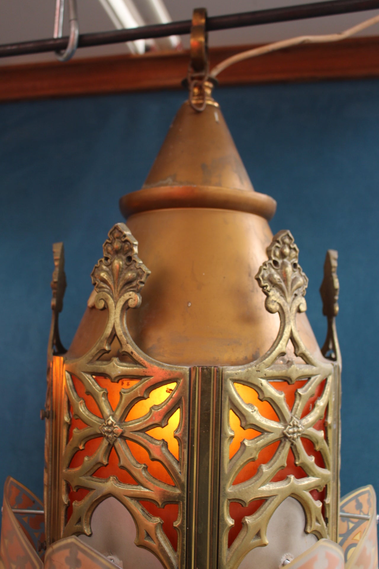 Pair of brass and glass hanging lanterns in gothic style