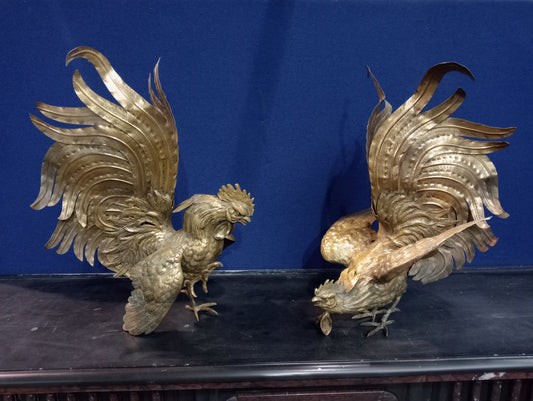 Pair of brass fighting cocks