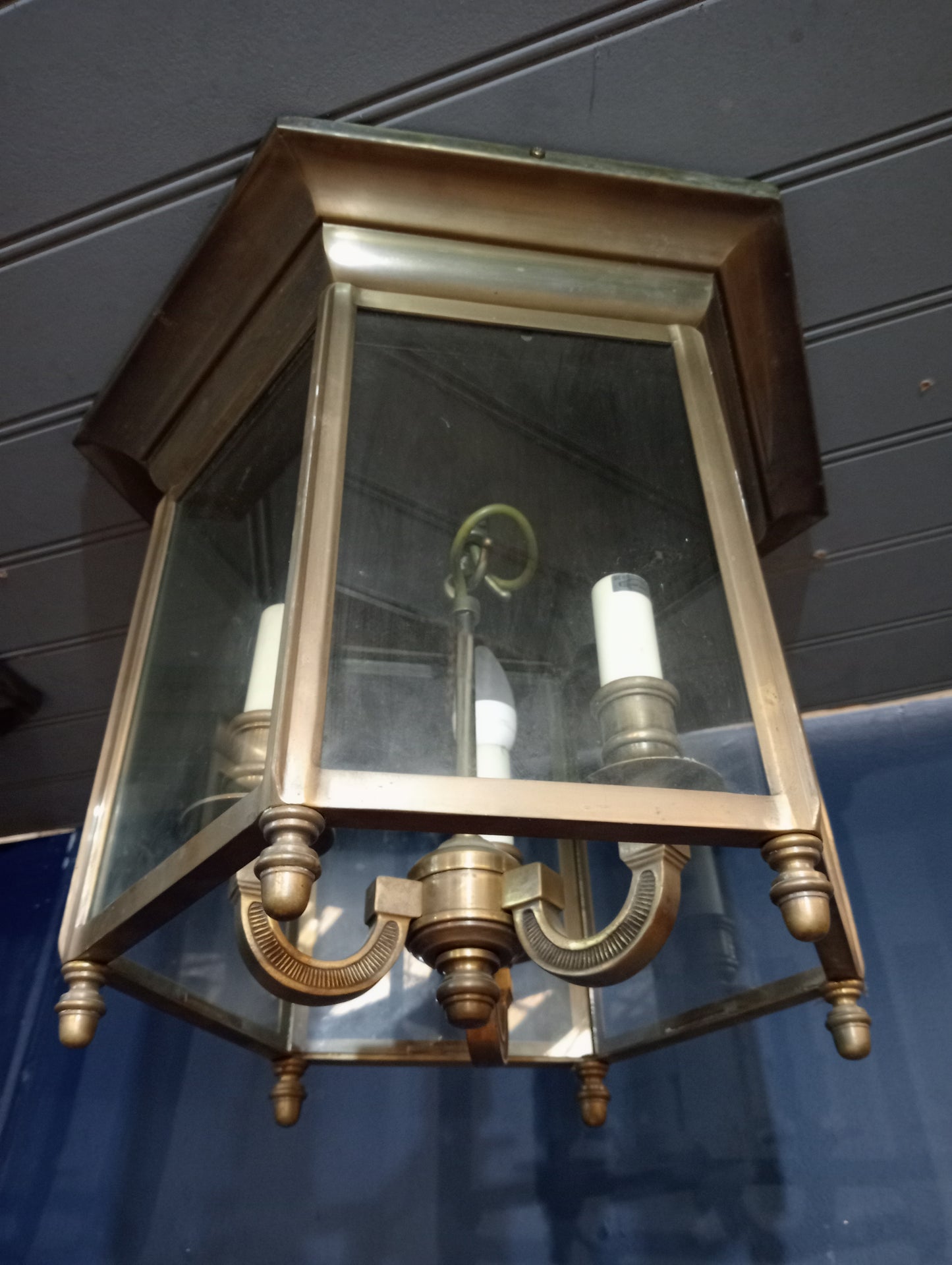 Pair of brass three lamp ceiling lights